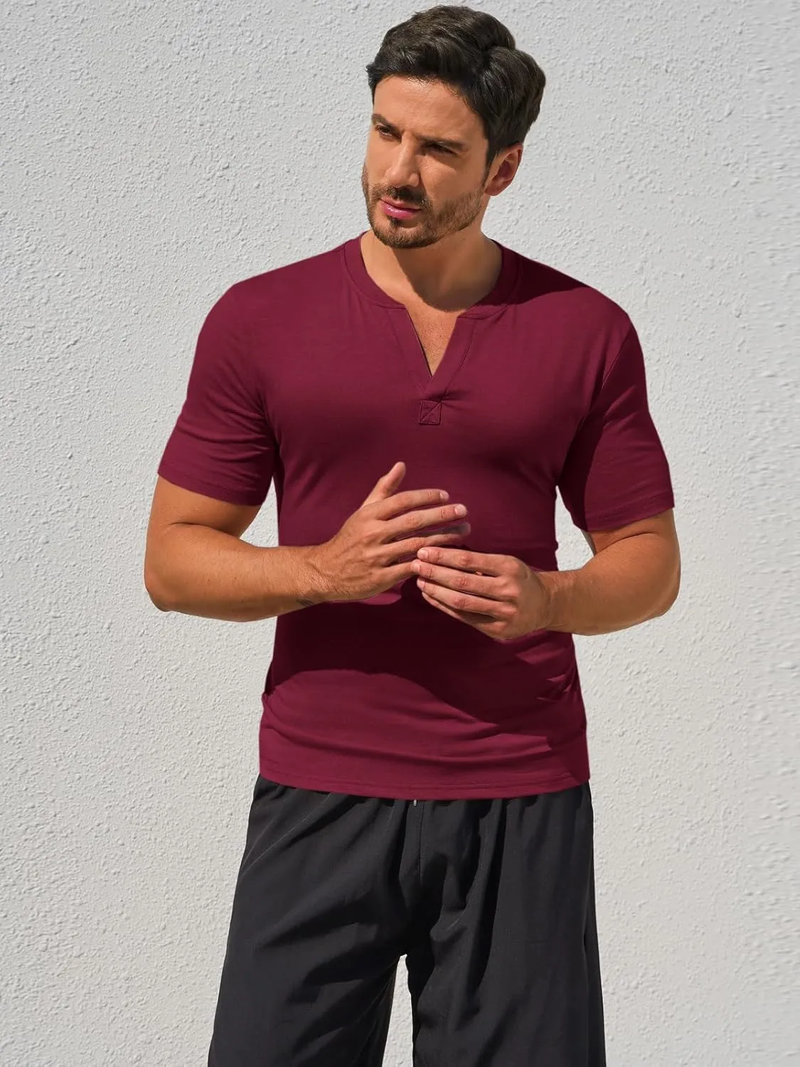 Runcati Mens Slim Fit T Shirt V-Neck Short Sleeve Casual Henley Shirt Muscle Workout Gym Athletic Tee Shirts
