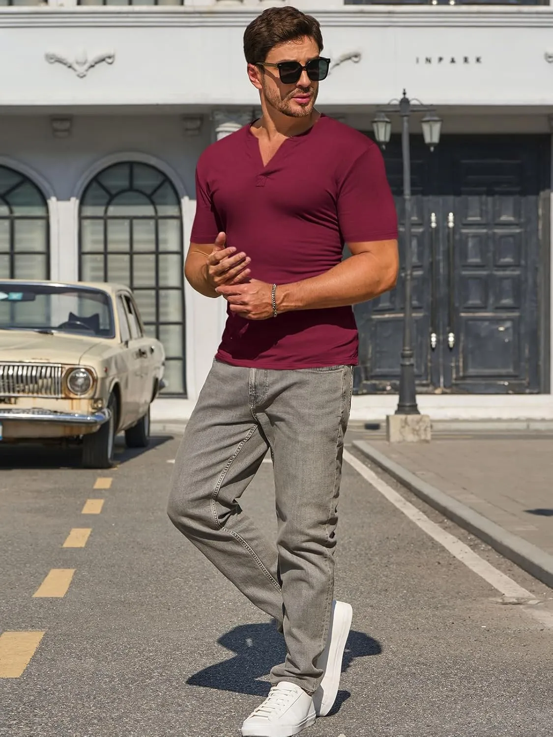 Runcati Mens Slim Fit T Shirt V-Neck Short Sleeve Casual Henley Shirt Muscle Workout Gym Athletic Tee Shirts