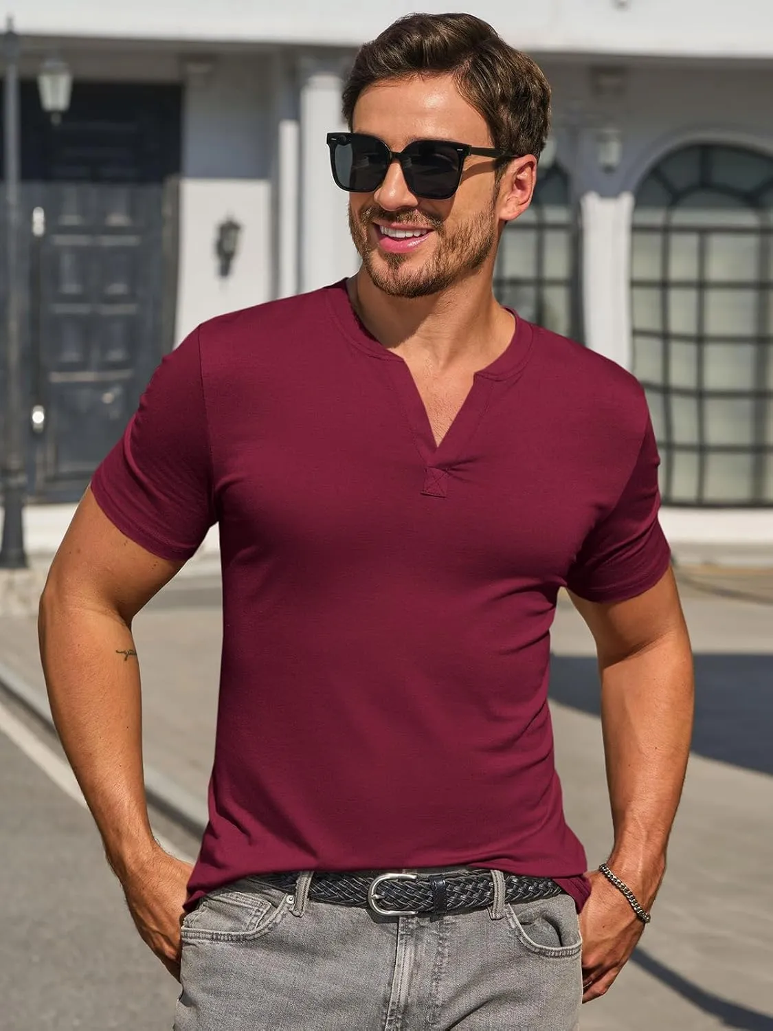 Runcati Mens Slim Fit T Shirt V-Neck Short Sleeve Casual Henley Shirt Muscle Workout Gym Athletic Tee Shirts