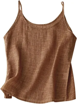 Ruziyoog Cotton Linen Camisole Tops for Women Causal Crewneck Sleeveless Shirts Summer Loose Fit Spaghetti Strap Tank Top