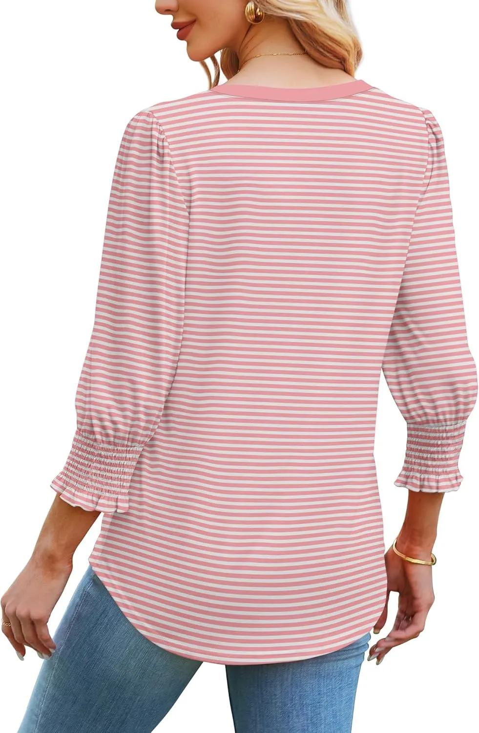 SAMPEEL 3/4 Length Sleeve Womens Tops Dressy Casual Blouses V Neck T Shirts with Smocked Cuffs