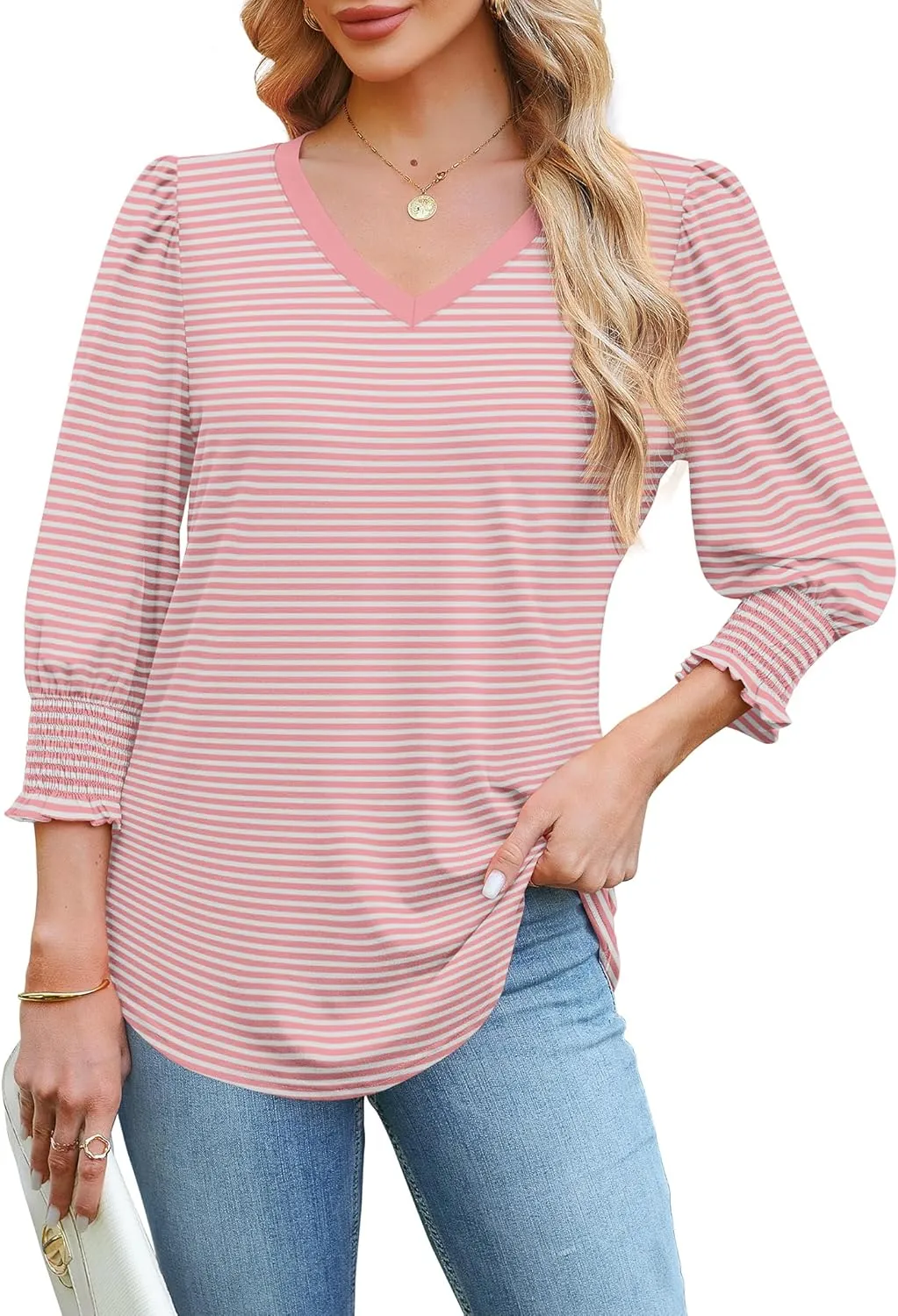 SAMPEEL 3/4 Length Sleeve Womens Tops Dressy Casual Blouses V Neck T Shirts with Smocked Cuffs