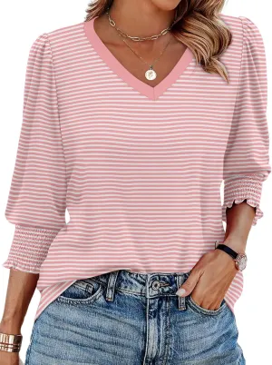 SAMPEEL 3/4 Length Sleeve Womens Tops Dressy Casual Blouses V Neck T Shirts with Smocked Cuffs