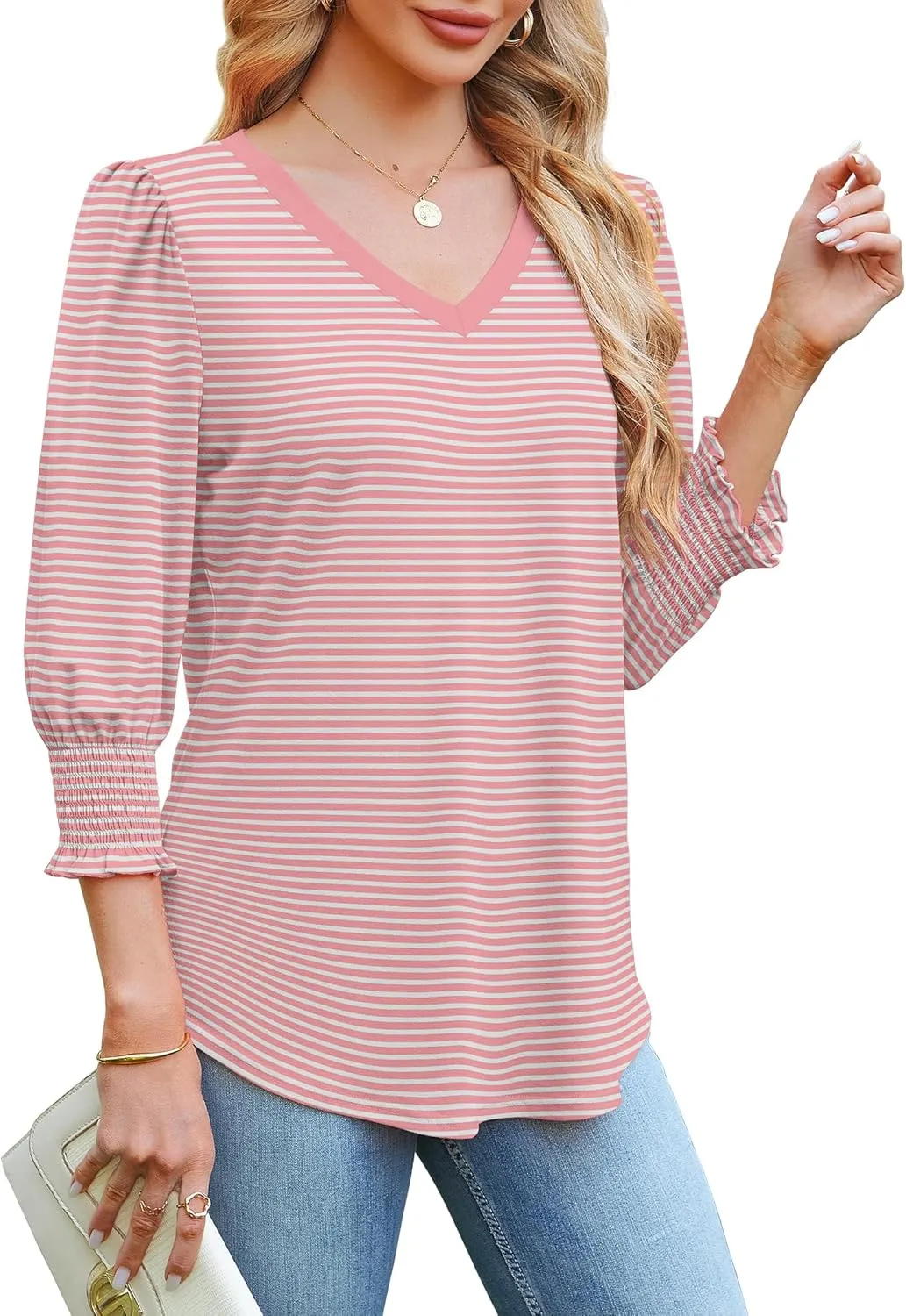 SAMPEEL 3/4 Length Sleeve Womens Tops Dressy Casual Blouses V Neck T Shirts with Smocked Cuffs