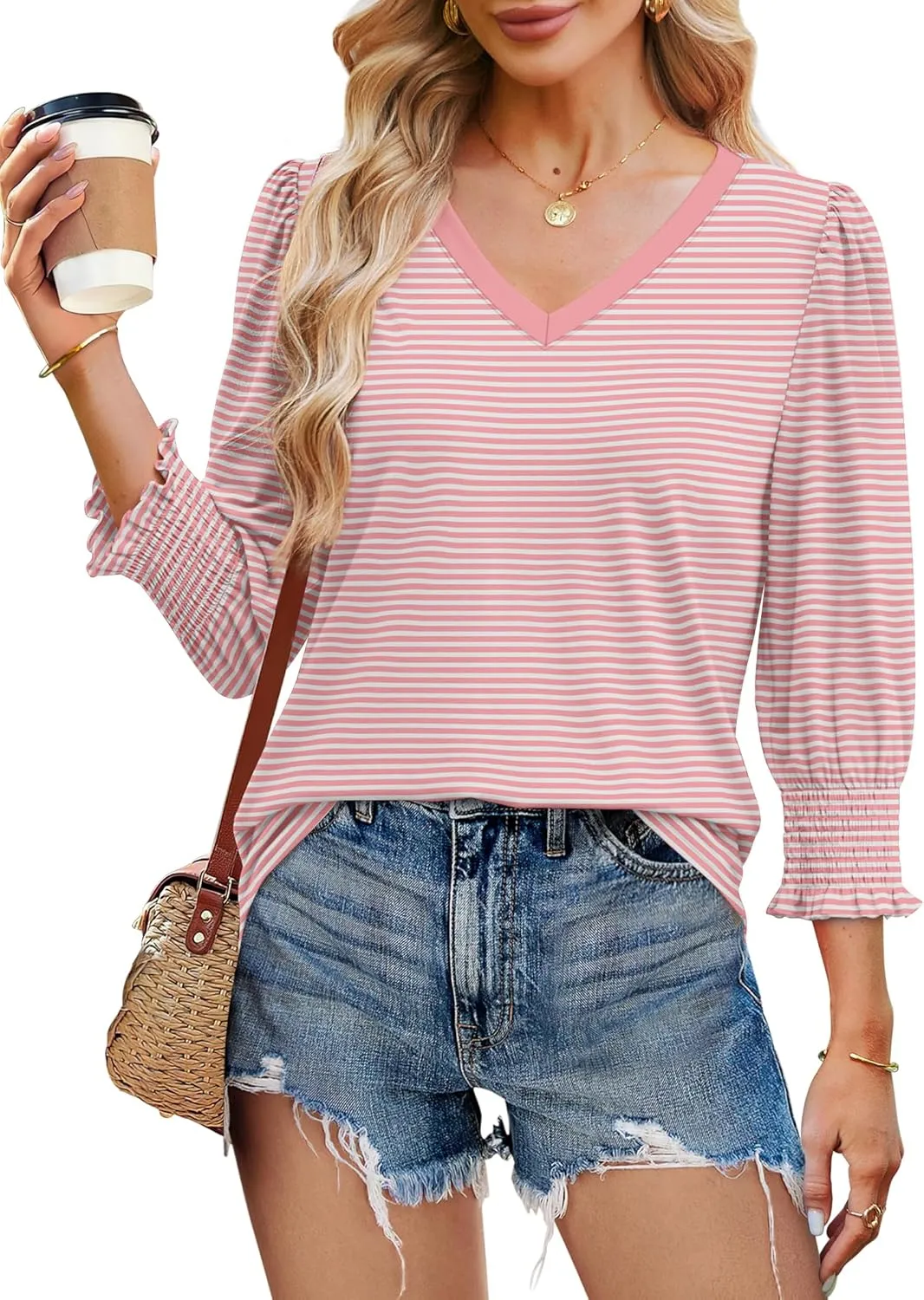 SAMPEEL 3/4 Length Sleeve Womens Tops Dressy Casual Blouses V Neck T Shirts with Smocked Cuffs