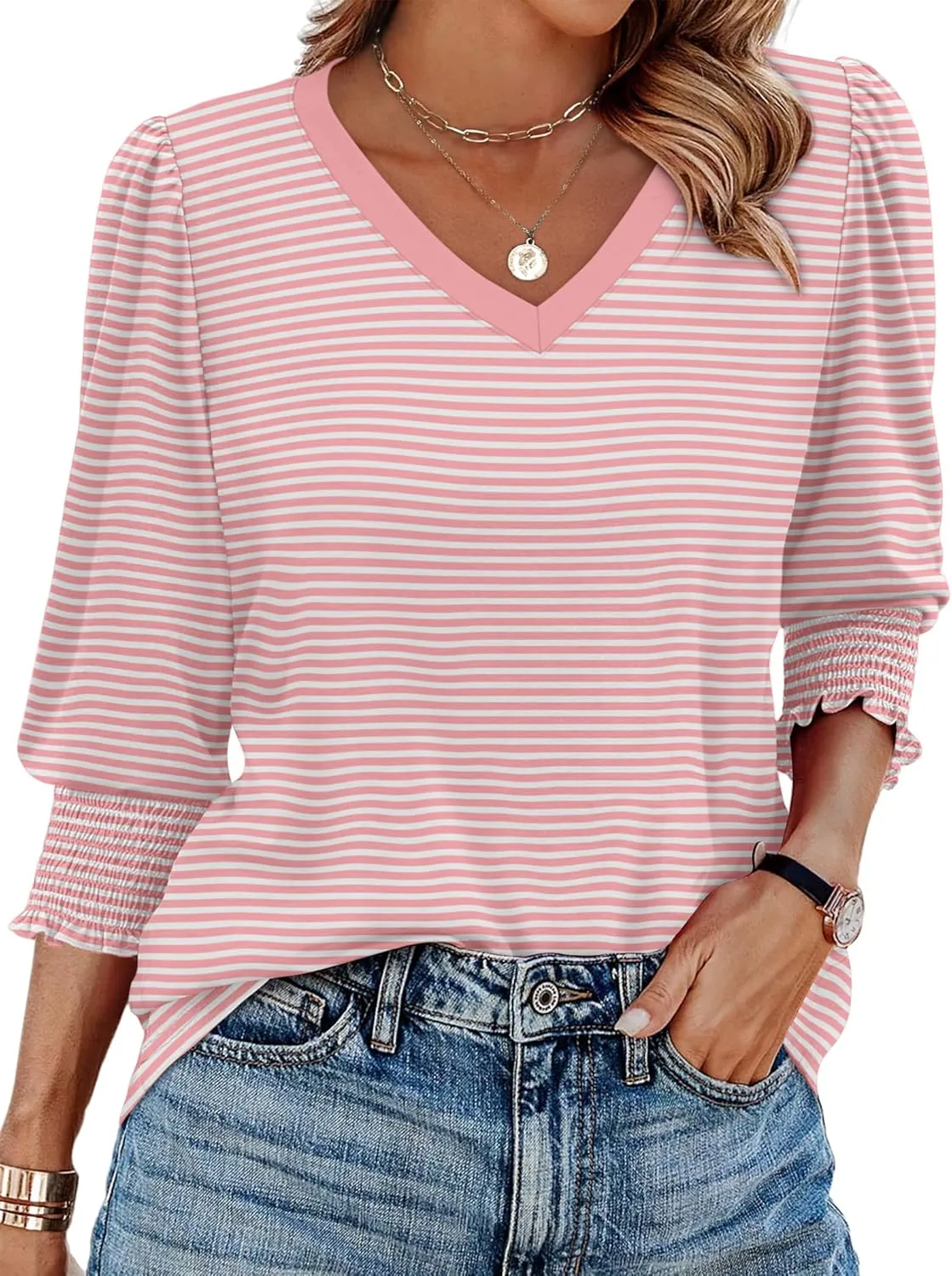 SAMPEEL 3/4 Length Sleeve Womens Tops Dressy Casual Blouses V Neck T Shirts with Smocked Cuffs