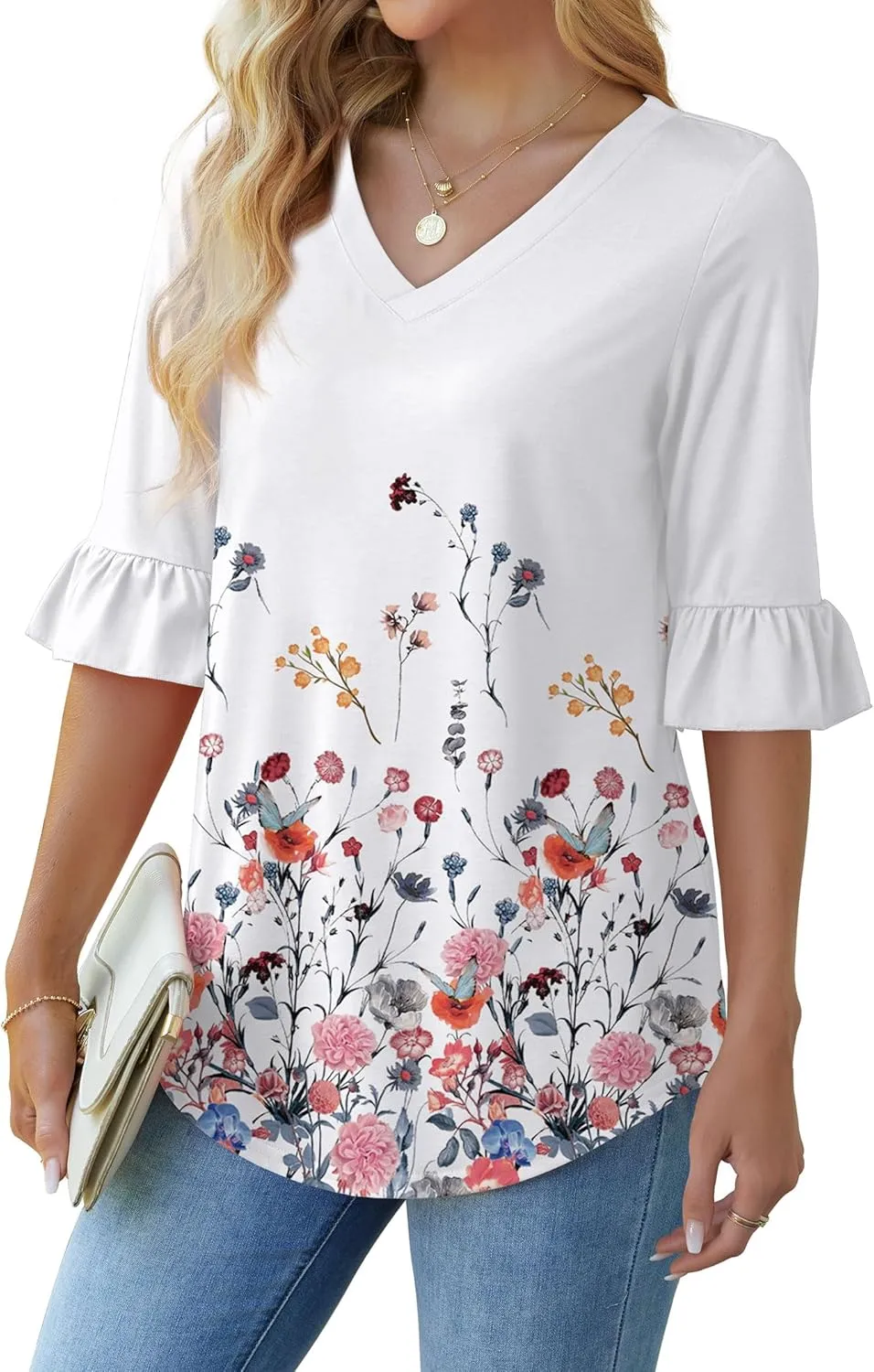 SAMPEEL 3/4 Length Sleeves Womens Tops Blouses for Women Dressy Casual Tops Trendy Summer Shirts Spring Clothes 2025