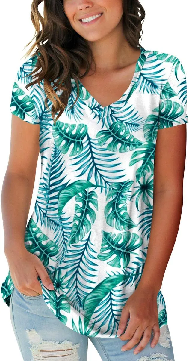 SAMPEEL Womens Summer Tops Floral Tees Short Sleeve Tunic V Neck T Shirts
