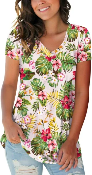 SAMPEEL Womens Summer Tops Floral Tees Short Sleeve Tunic V Neck T Shirts