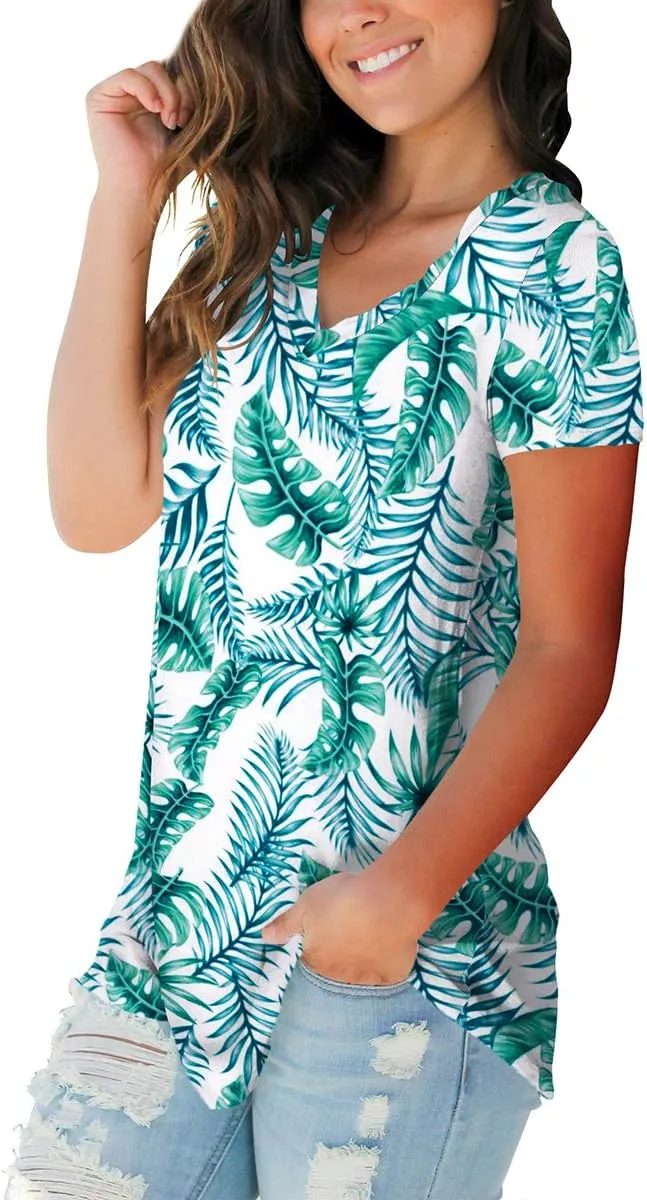 SAMPEEL Womens Summer Tops Floral Tees Short Sleeve Tunic V Neck T Shirts