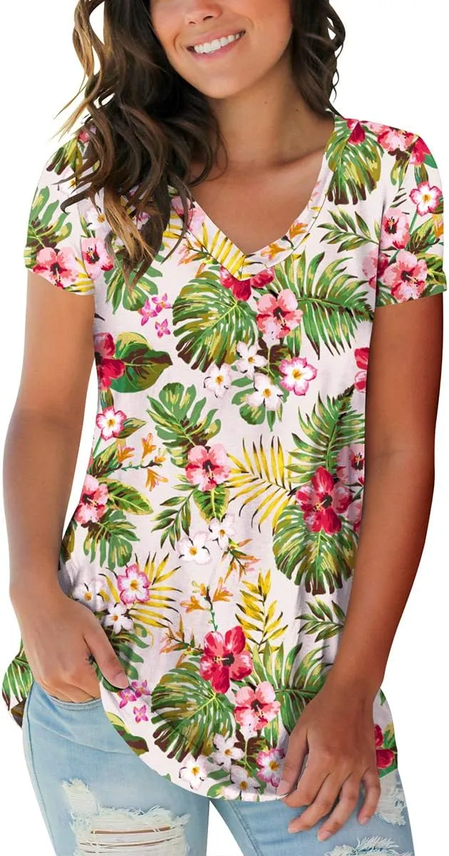 SAMPEEL Womens Summer Tops Floral Tees Short Sleeve Tunic V Neck T Shirts