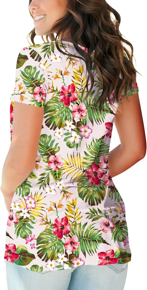 SAMPEEL Womens Summer Tops Floral Tees Short Sleeve Tunic V Neck T Shirts