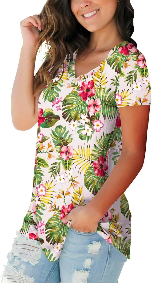 SAMPEEL Womens Summer Tops Floral Tees Short Sleeve Tunic V Neck T Shirts
