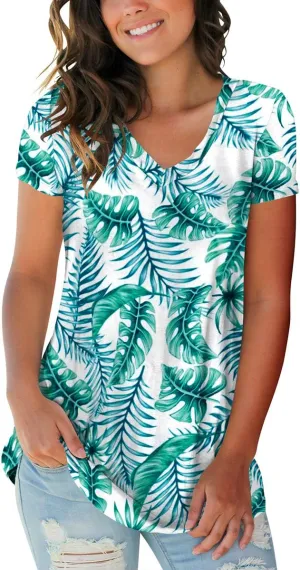 SAMPEEL Womens Summer Tops Floral Tees Short Sleeve Tunic V Neck T Shirts