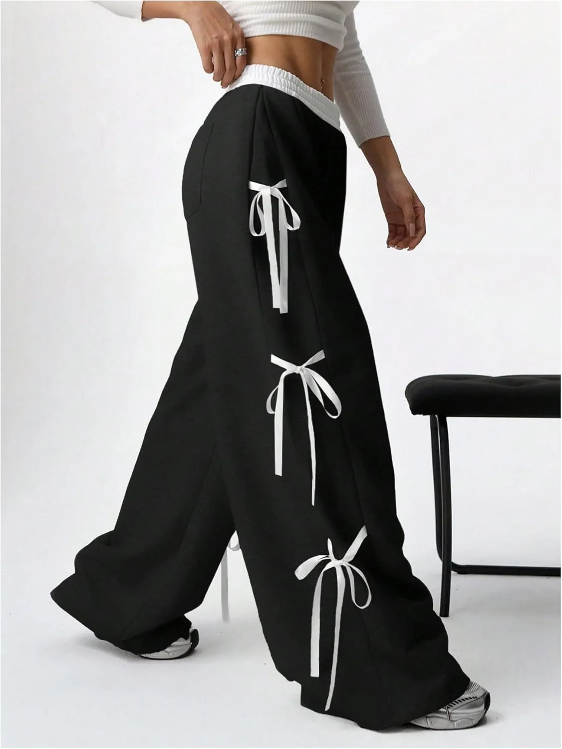 SHENHE Women's Wide Leg Baggy Sweatpants Elastic Waist Tie Bow Pants Loose Long Pants