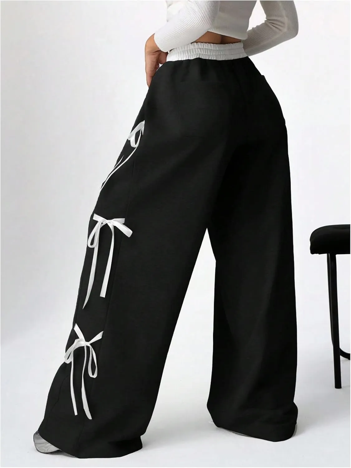 SHENHE Women's Wide Leg Baggy Sweatpants Elastic Waist Tie Bow Pants Loose Long Pants