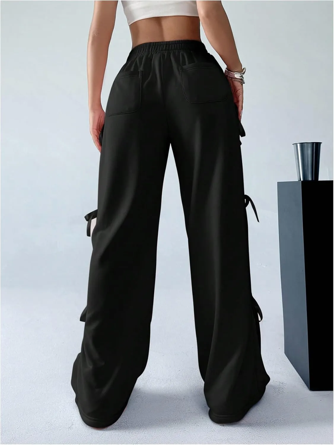 SHENHE Women's Wide Leg Baggy Sweatpants Elastic Waist Tie Bow Pants Loose Long Pants