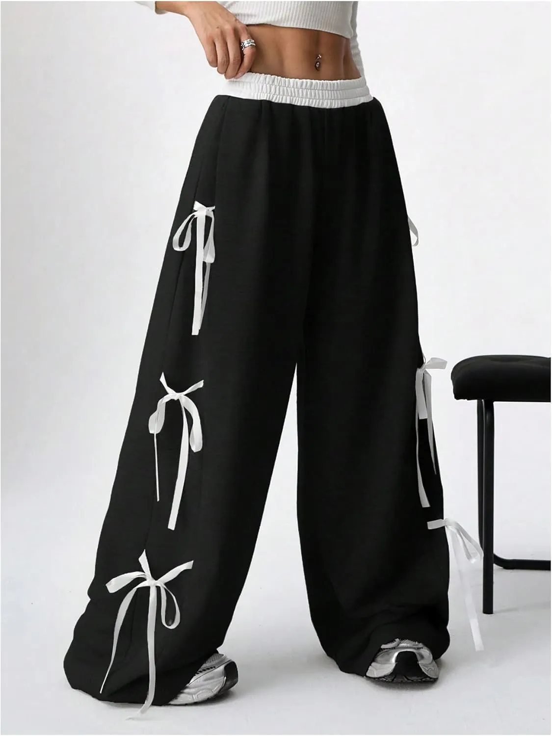 SHENHE Women's Wide Leg Baggy Sweatpants Elastic Waist Tie Bow Pants Loose Long Pants
