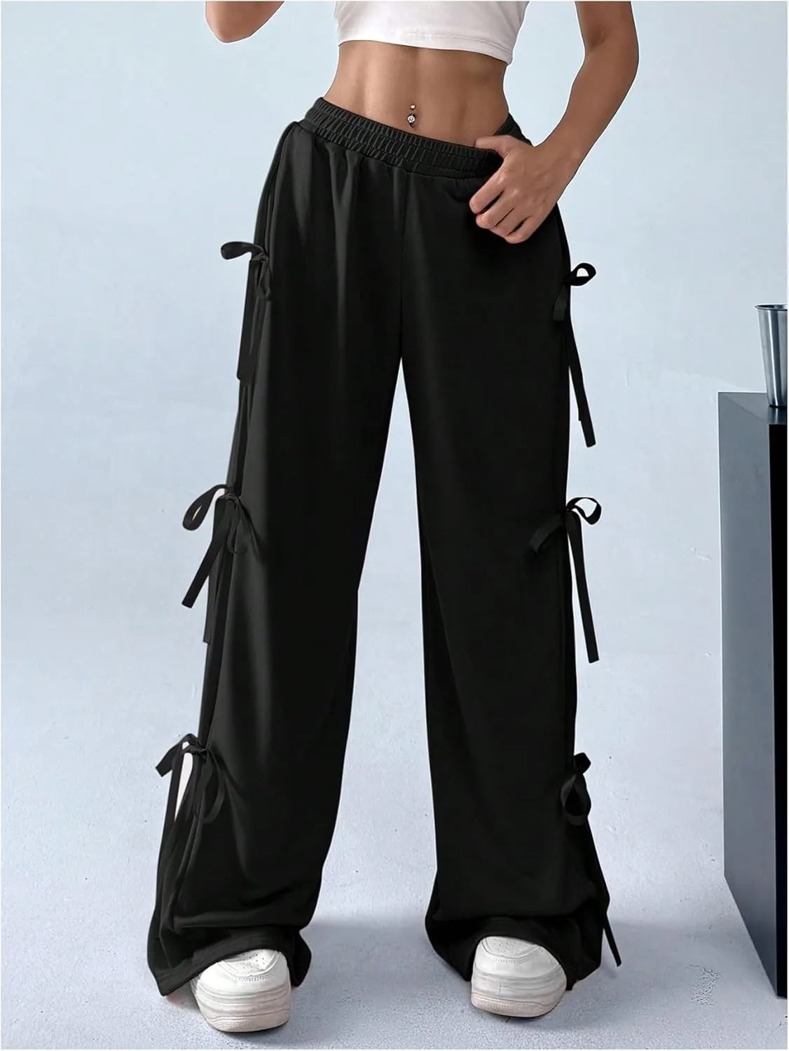 SHENHE Women's Wide Leg Baggy Sweatpants Elastic Waist Tie Bow Pants Loose Long Pants