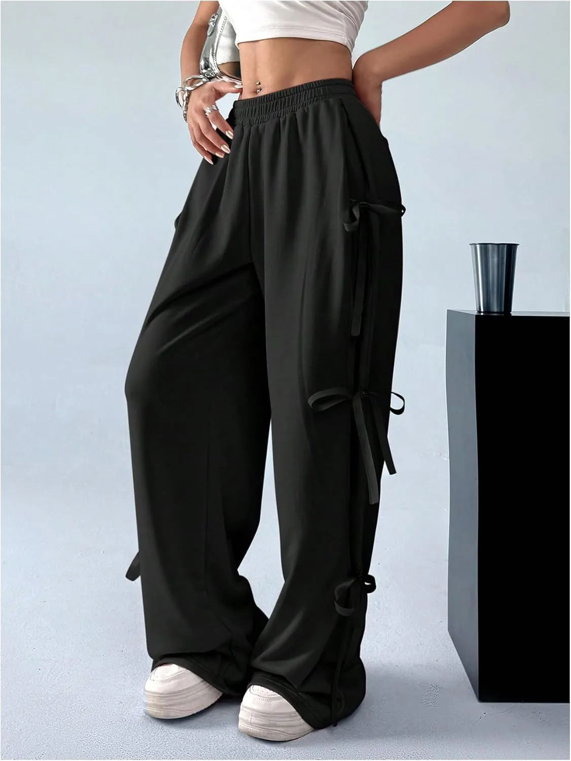 SHENHE Women's Wide Leg Baggy Sweatpants Elastic Waist Tie Bow Pants Loose Long Pants
