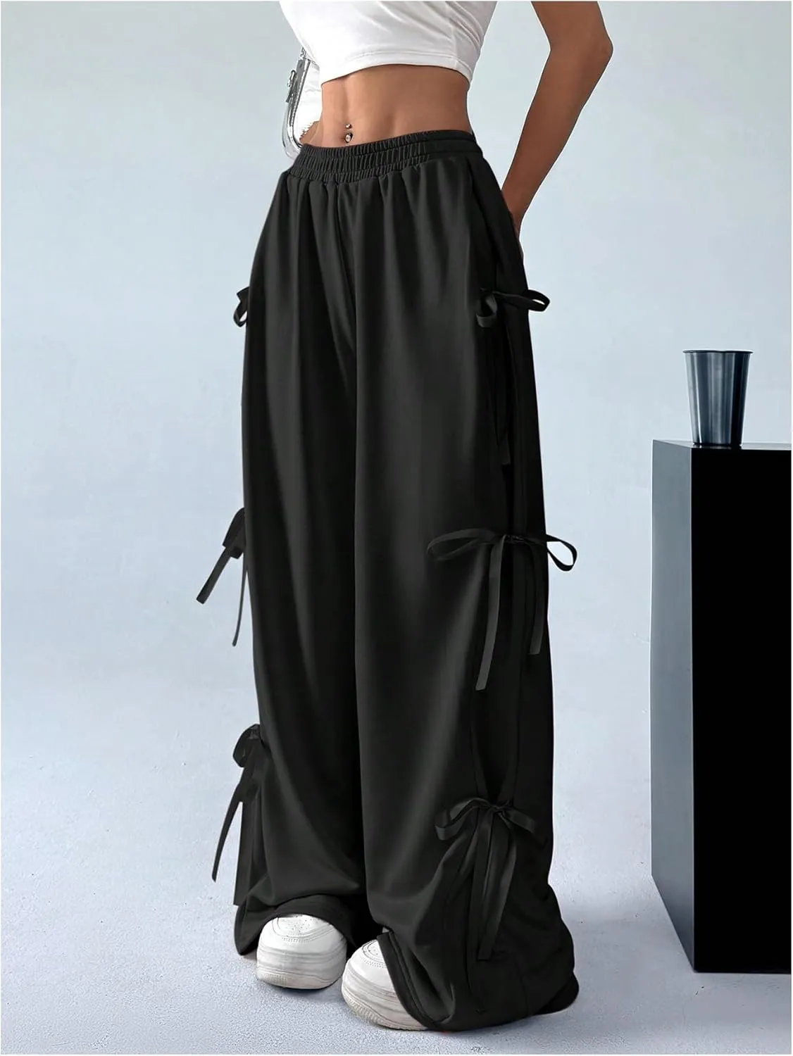 SHENHE Women's Wide Leg Baggy Sweatpants Elastic Waist Tie Bow Pants Loose Long Pants