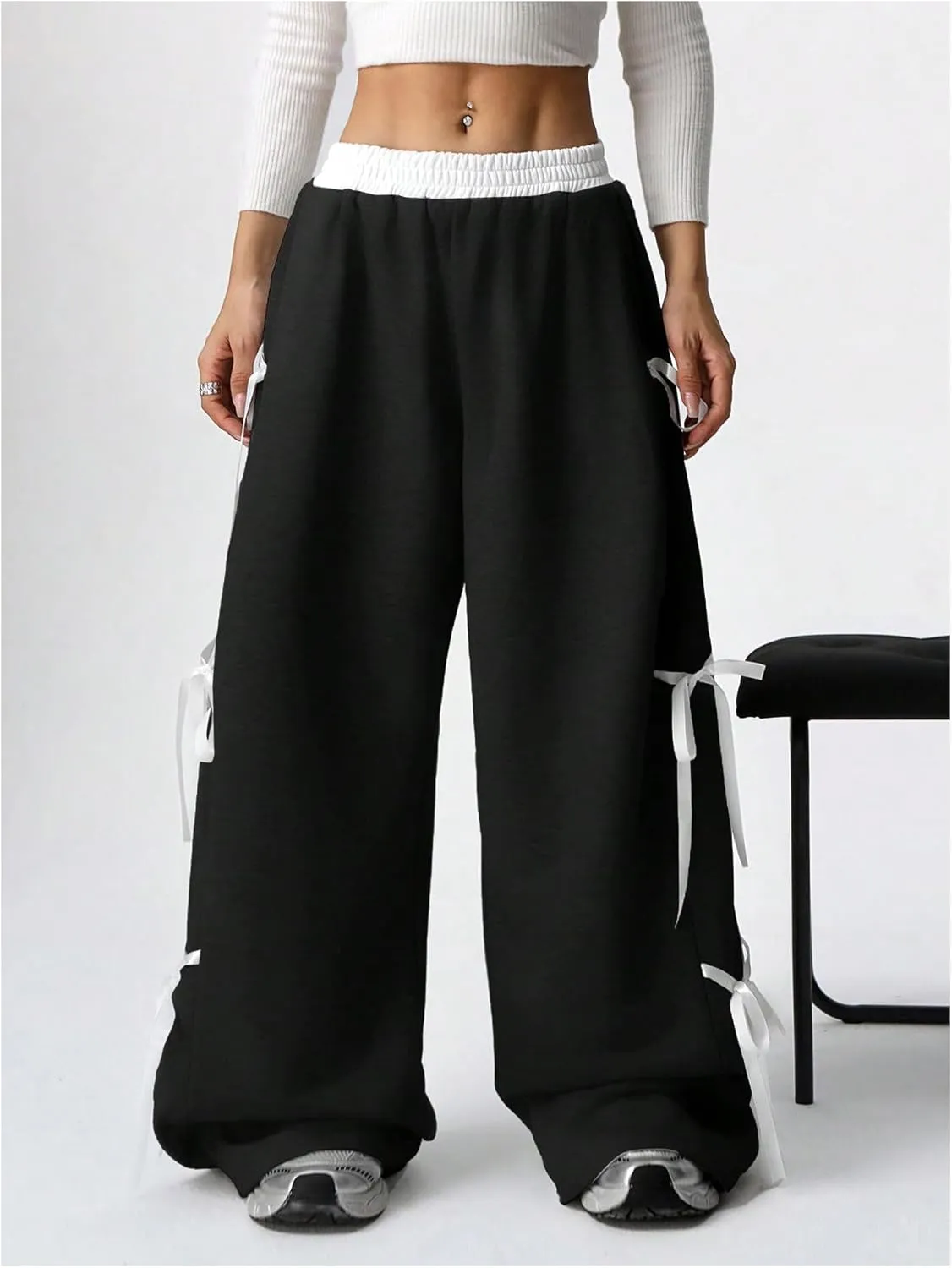 SHENHE Women's Wide Leg Baggy Sweatpants Elastic Waist Tie Bow Pants Loose Long Pants