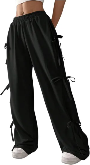 SHENHE Women's Wide Leg Baggy Sweatpants Elastic Waist Tie Bow Pants Loose Long Pants
