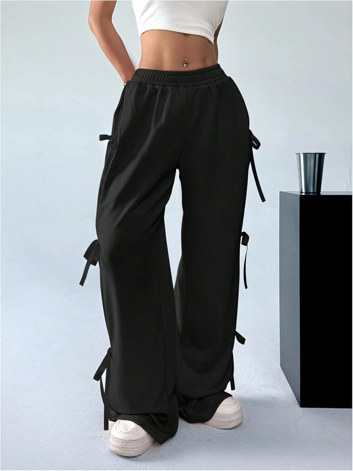 SHENHE Women's Wide Leg Baggy Sweatpants Elastic Waist Tie Bow Pants Loose Long Pants