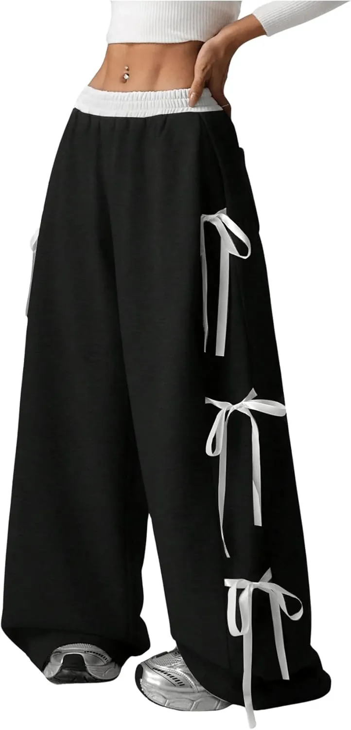 SHENHE Women's Wide Leg Baggy Sweatpants Elastic Waist Tie Bow Pants Loose Long Pants