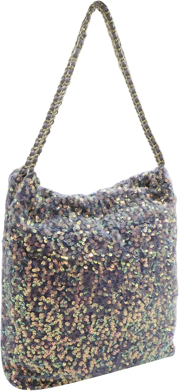 Shiny Hobo Shoulder Bag for Women Sparkle Sequins Chain Handbag Evening Bag Large Fashion Bling Tote Bags Satchel Purse