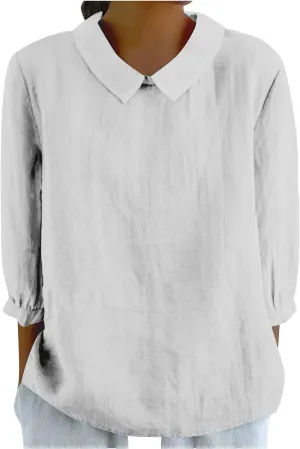 Shirts for Women Peter Pan Collar Neck 3/4 Sleeve Blouses Casual Loose Fit T Shirt Solid Color Plain Petite Tops