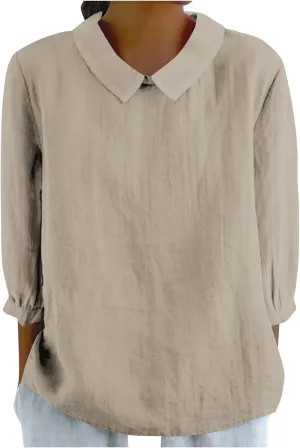 Shirts for Women Peter Pan Collar Neck 3/4 Sleeve Blouses Casual Loose Fit T Shirt Solid Color Plain Petite Tops