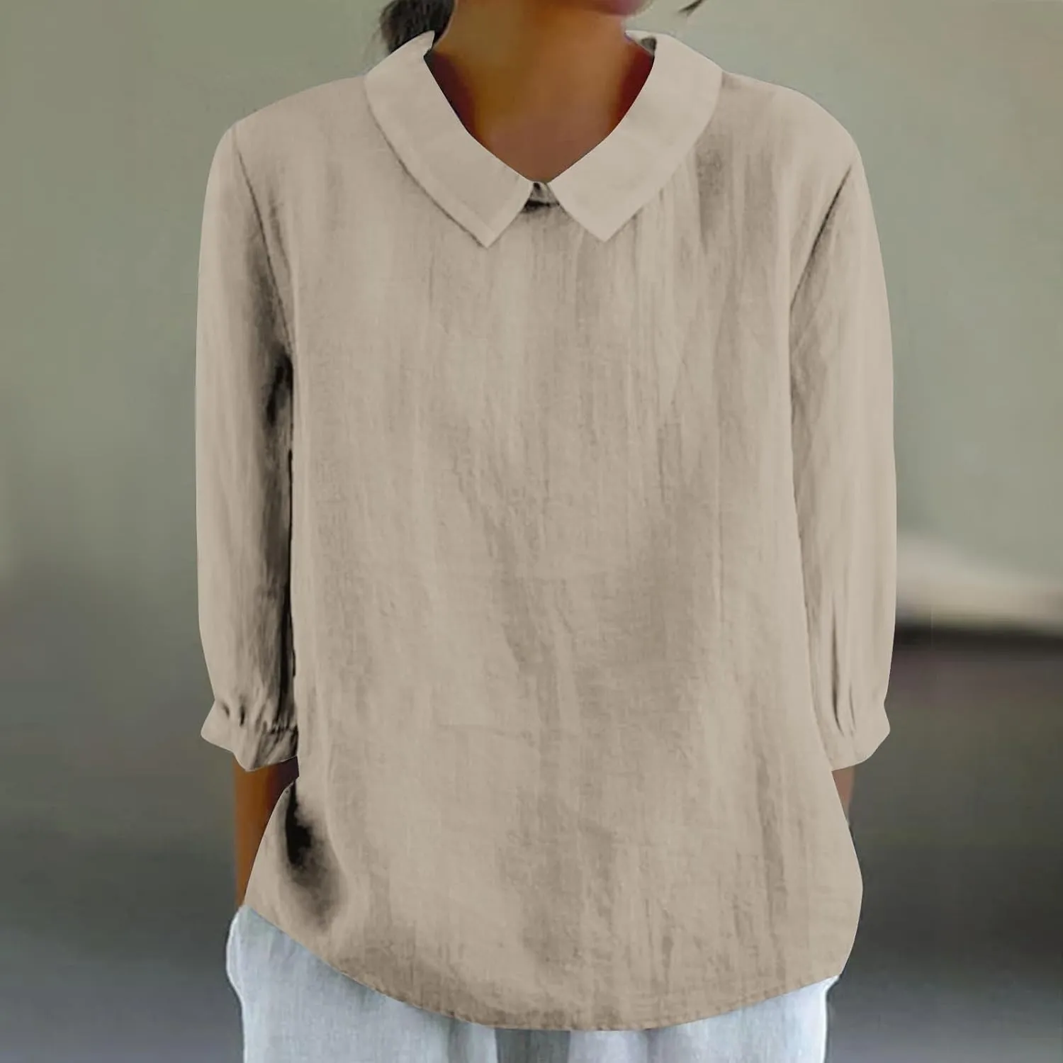 Shirts for Women Peter Pan Collar Neck 3/4 Sleeve Blouses Casual Loose Fit T Shirt Solid Color Plain Petite Tops
