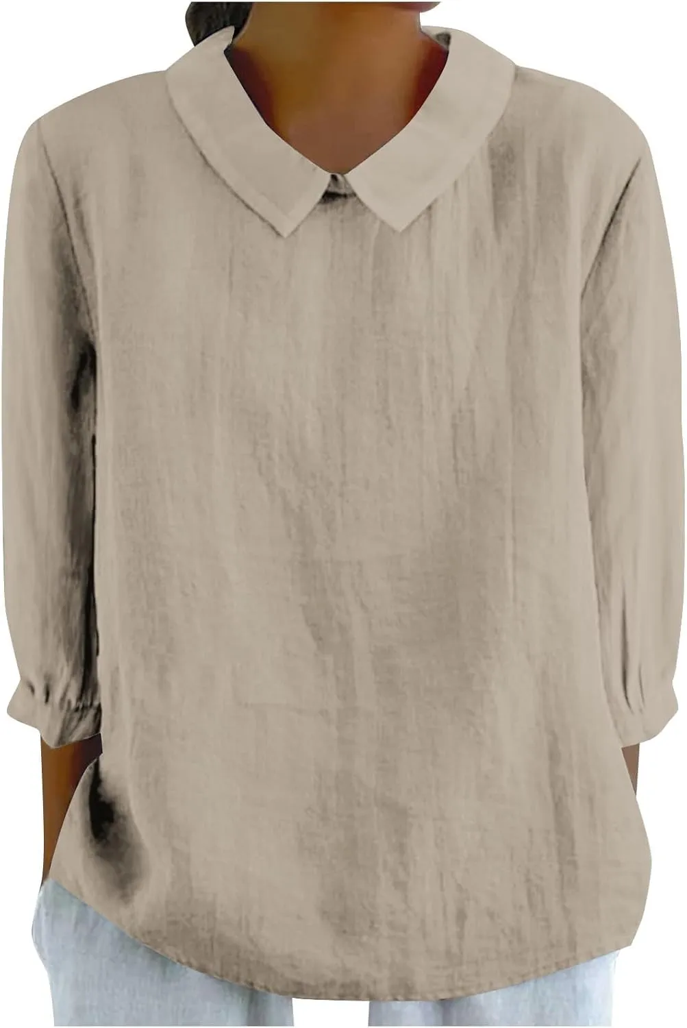 Shirts for Women Peter Pan Collar Neck 3/4 Sleeve Blouses Casual Loose Fit T Shirt Solid Color Plain Petite Tops