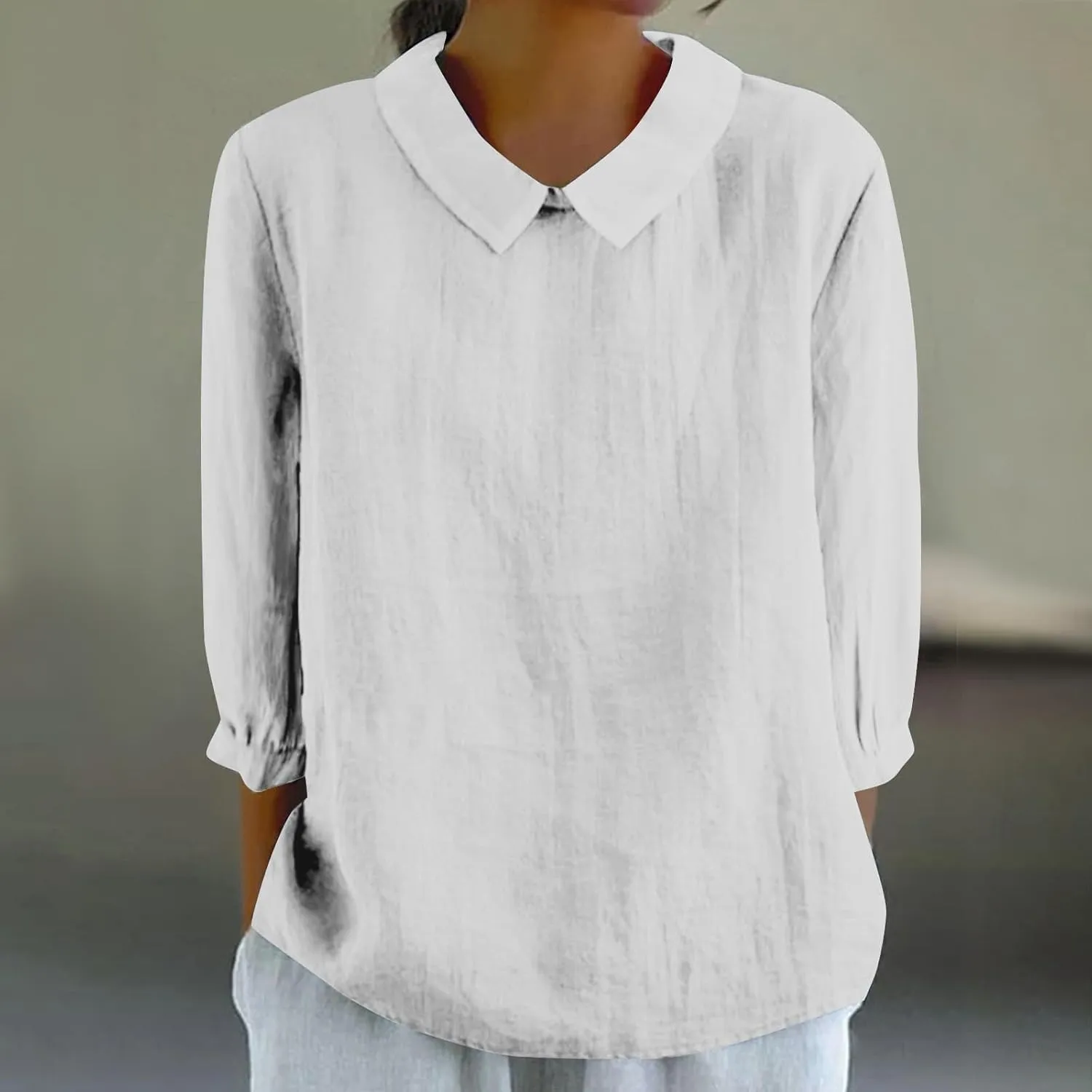 Shirts for Women Peter Pan Collar Neck 3/4 Sleeve Blouses Casual Loose Fit T Shirt Solid Color Plain Petite Tops
