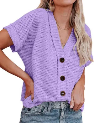 SimpleFun Womens Summer Tops Short Sleeve V Neck Waffle Knit Button Down Shirts Dressy Casual Blouses
