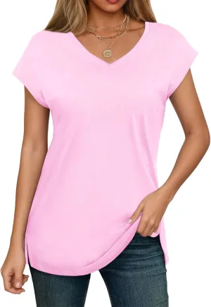 SMENG Shirts for Women Pure Cotton Cap Sleeve V Neck Split Hem T Shirts Basic Tee Tops