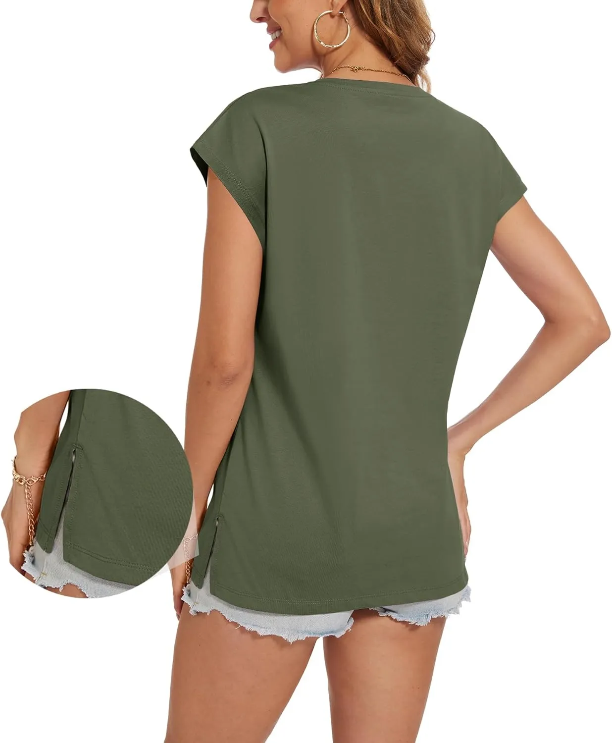 SMENG Shirts for Women Pure Cotton Cap Sleeve V Neck Split Hem T Shirts Basic Tee Tops