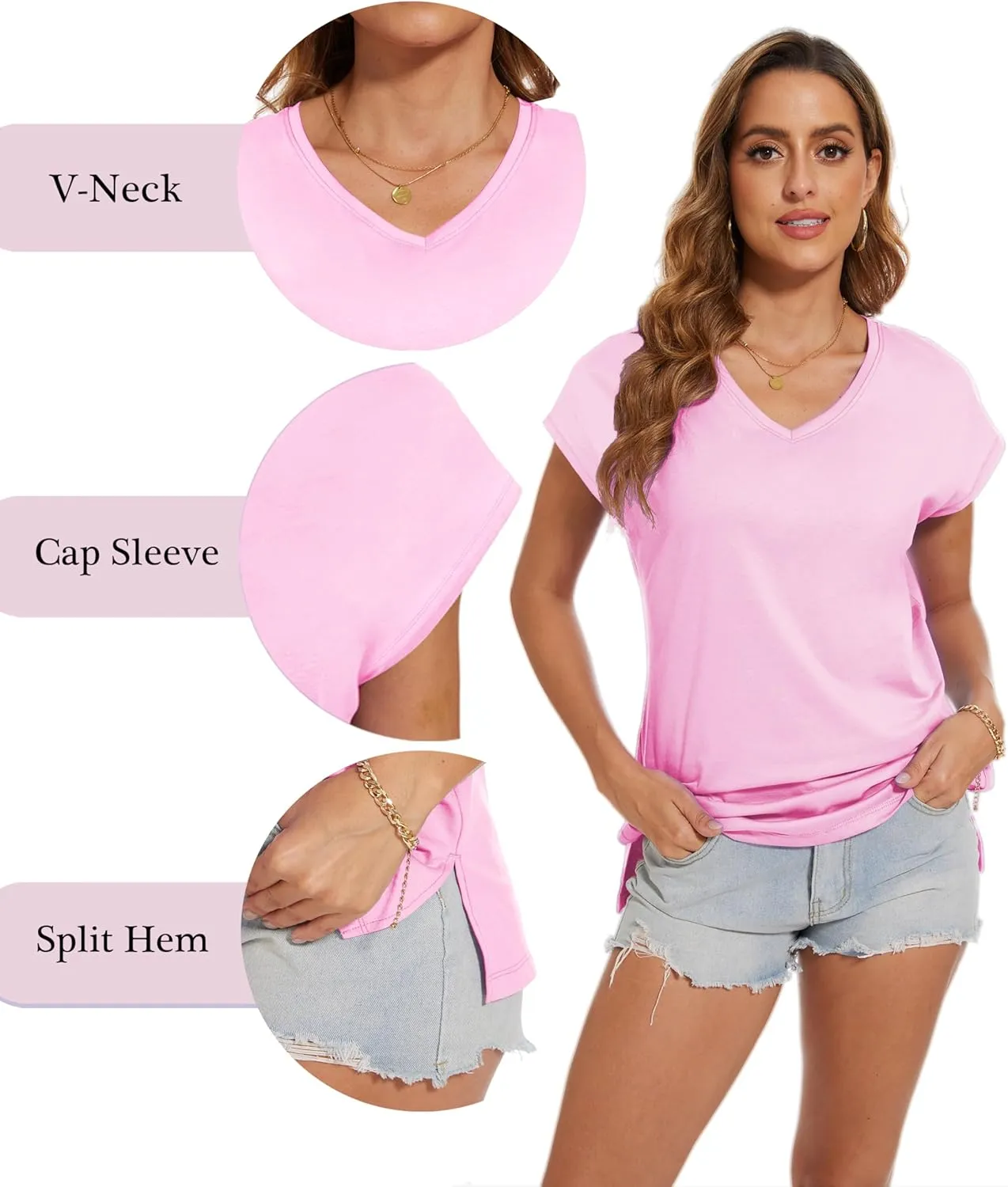 SMENG Shirts for Women Pure Cotton Cap Sleeve V Neck Split Hem T Shirts Basic Tee Tops