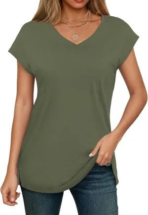 SMENG Shirts for Women Pure Cotton Cap Sleeve V Neck Split Hem T Shirts Basic Tee Tops
