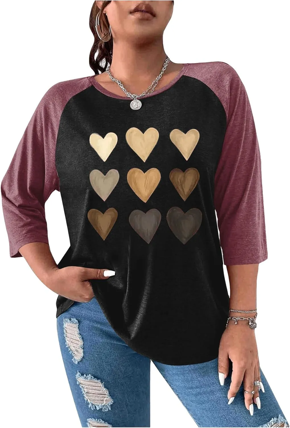 SOLY HUX Women's Plus Size Color Block Heart Print T Shirts 3/4 Sleeve Graphic Tees Tops