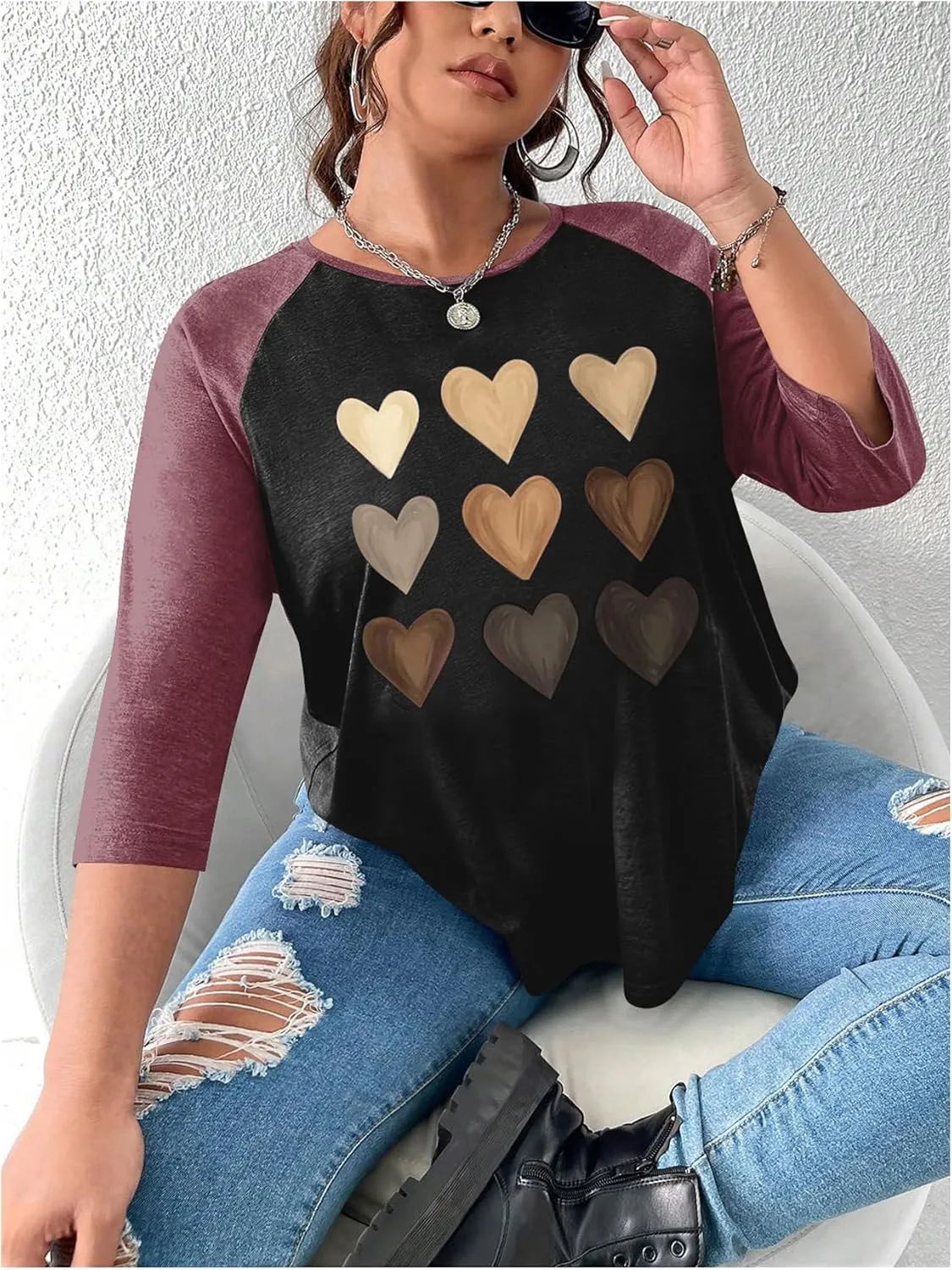 SOLY HUX Women's Plus Size Color Block Heart Print T Shirts 3/4 Sleeve Graphic Tees Tops