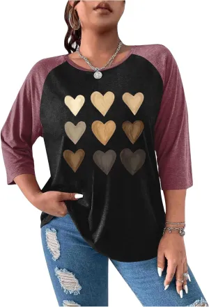 SOLY HUX Women's Plus Size Color Block Heart Print T Shirts 3/4 Sleeve Graphic Tees Tops