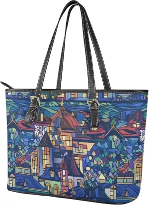 Stained Glass Art Leather Tote Bag for Women Shoulder Bag Wallet, Flowers Top Handle Satchel Tote Bag Purse