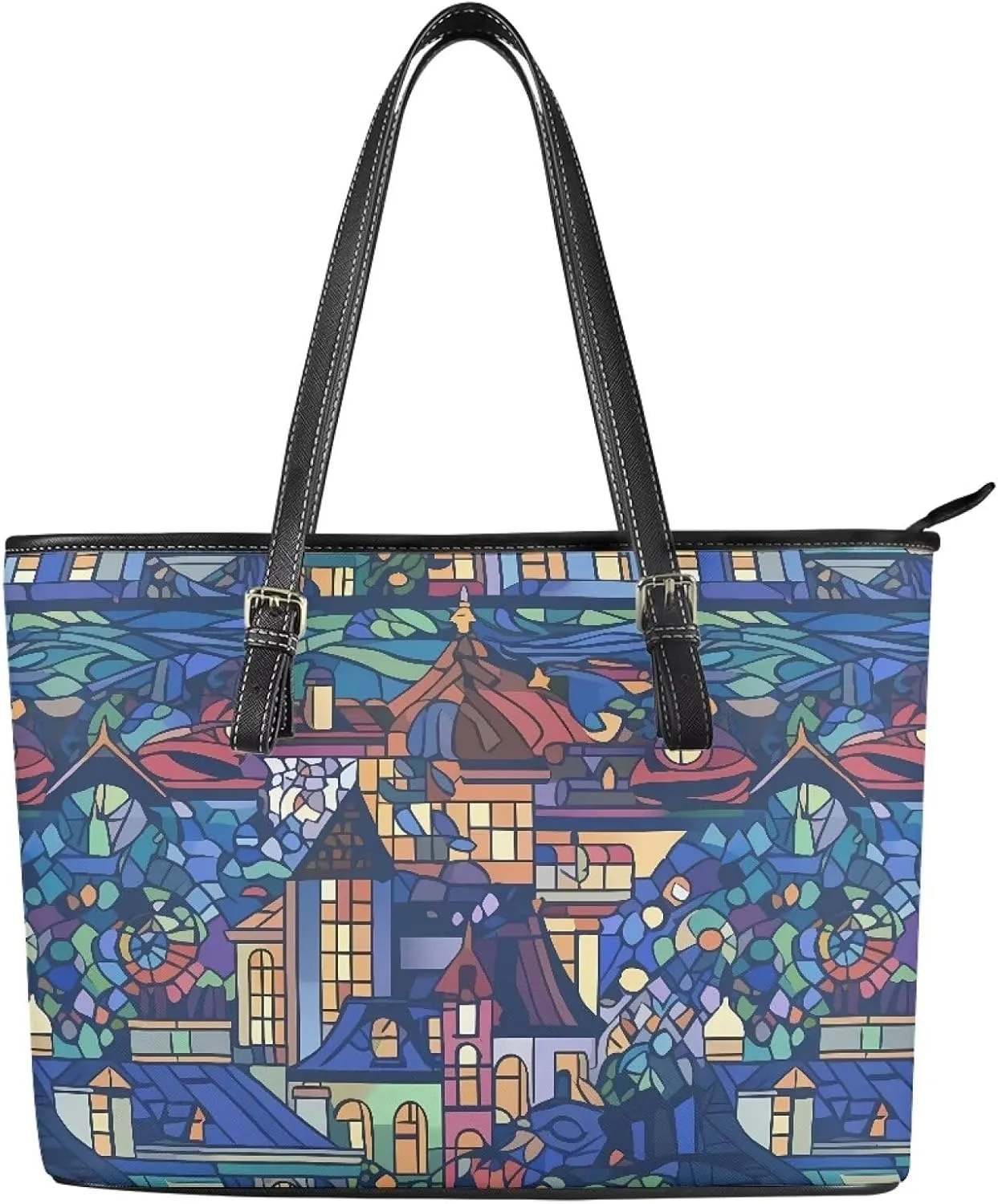 Stained Glass Art Leather Tote Bag for Women Shoulder Bag Wallet, Flowers Top Handle Satchel Tote Bag Purse