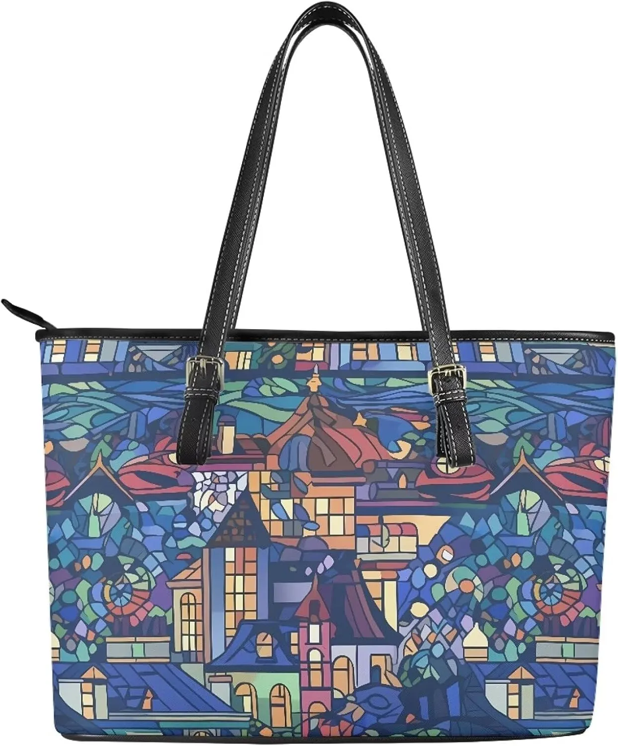 Stained Glass Art Leather Tote Bag for Women Shoulder Bag Wallet, Flowers Top Handle Satchel Tote Bag Purse
