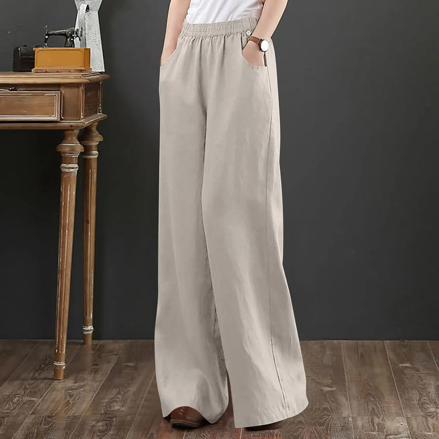 Straight Leg Pants for Women Linen Palazzo Lounge Pants Summer Slacks Loose Casual Wide Leg Trousers