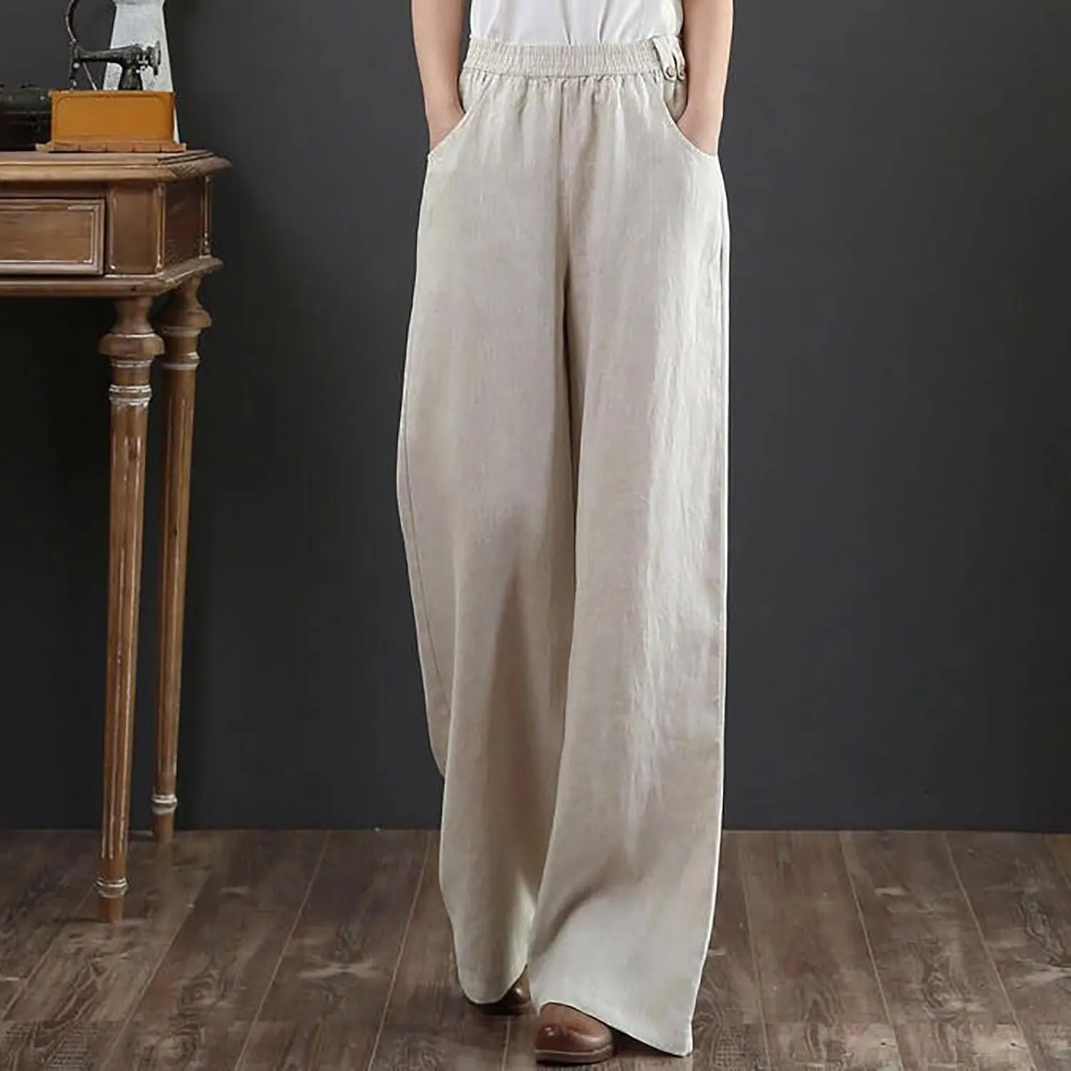 Straight Leg Pants for Women Linen Palazzo Lounge Pants Summer Slacks Loose Casual Wide Leg Trousers