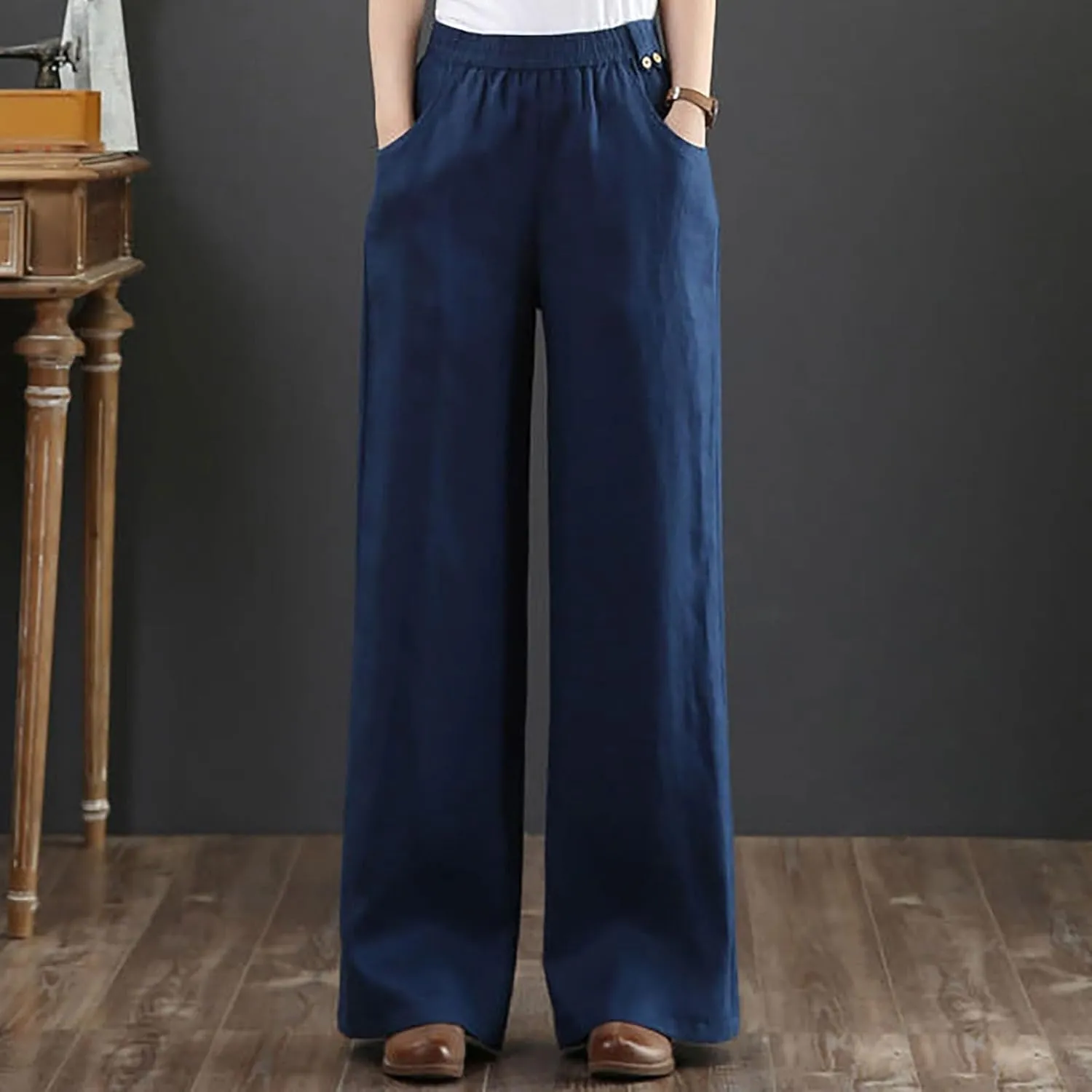 Straight Leg Pants for Women Linen Palazzo Lounge Pants Summer Slacks Loose Casual Wide Leg Trousers