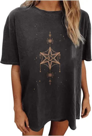 Summer Y2k Tops for Womens, Casual Vintage Short Sleeve T-Shirt, Girls Oversize Loose Round Neck Elastic Tee